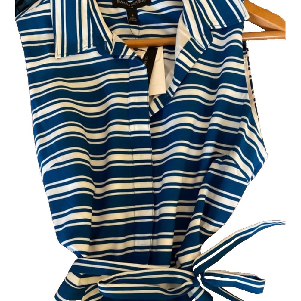 Banana Republic Fit & Flare Blue Striped Belted Sleeveless Summer Dress Size 4 - Picture 4 of 11